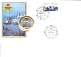 NSZK 1989. 10M Ag "800 éves a hamburgi kikötő" érmés borítékon elsőnapi bélyegzős bélyeggel, ismertetővel T:1- GFR 1989. 10 Mark Ag "800th Anniversary of the port of Hamburg" in FDC with stamps C:AU