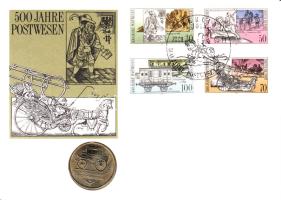 NDK 1990. 5M "500 éves a posta" érmés borítékon teljes bélyegsorral, alkalmi bélyegzővel T:1 GDR 1990 5 Mark Ag "500th Anniversary of the Post" coin letter with complete set of stamps C:Unc