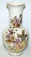 Kézzel festett számozott virágokkal díszített jelzett Zsolnay porcelán váza, a festő "Szebényi R." aláírásával, hibátlan állapotban / Handpainted numbered Zsolnay chinaware vase with the painter's "Szebényi R." signature in flawless condition 26cm