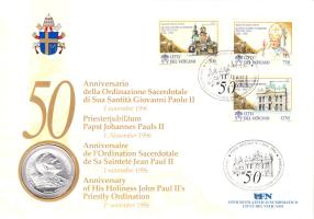 Vatikán 1996. 500L Ag(0.835) "50 éve szentelték pappá II. János Pált" érmés boríték elsőnapi bélyegzővel T:1 Vatican 1996. 500 Lire Ag(0.835) "50th Anniversary - Ordination of Pope John Paul II" coin letter with first day of issue stamps C:Unc