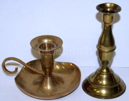 Kis gyertyatartó tétel: réz gyertyatartó fogantyúval, d:12 cm, m:14 cm, kis gyertyatartó m:14 cm, jó állapotban