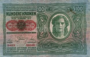 1912. 100K német mindkét oldal "Deutschösterreich" felülbélyegzéssel T:II-(kis papírszakadás oldalt)