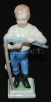 Kézzel festett jelzett Herendi porcelán figura: kaszát köszörülő fiú /  Hand painted Herendi porcelain figure of a boy sharpening his scythe 14,5cm