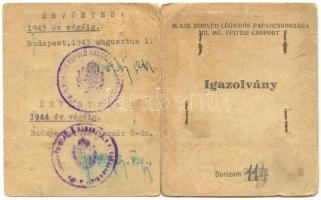 1943 M. kir. Honvéd Légierők Parancsnoksága III. MÜ. építési csoport fényképes igazolvány