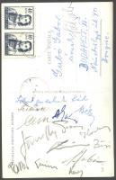 1959 Magyar jégkorong-válogatott tagjai által küldött képeslap a játékosok aláírásaival Bukarestből