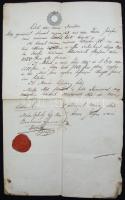 15kr okirati szignettás dokumentum, dekoratív viaszpecséttel (Madaras, 1855)