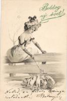 New Year, lady litho