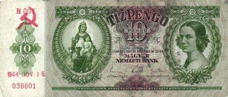 1930. 20P + 1936. 10P "1944 NOV 16." sarló kalapács felülnyomással + 1945. 50P "A II....