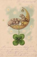 New Year, Moon, pigs litho