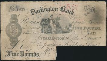 Nagy-Britannia/Darlington Bank 1885. 5Ł aláírások kivágva, így érvénytelenítve T:IV Great Britain/Darlington Bank 1885. 5 Pounds cut-out signatures, cancelled banknote C:VG