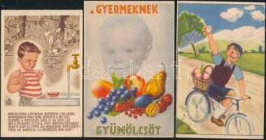 3 db régi, reklám / propagandalap, tisztaság és egészséges élet, gyümölcsfogyasztási kampány