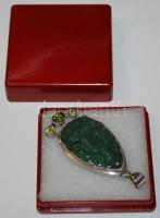 Kézzel készített nagyméretű faragott aventurin Buddha medál ezüst (Ag) keretben peridot kövekkel dís...