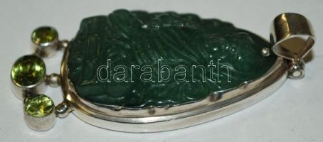 Kézzel készített nagyméretű faragott aventurin Buddha medál ezüst (Ag) keretben peridot kövekkel dís...