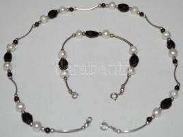 Ezüst (Ag) nyaklánc hozzávaló karkötővel, csiszolt gránáttal és tenyésztett gyönggyel díszítve /
Sil...