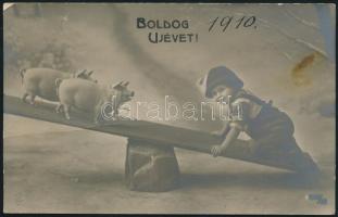 5 db háború előtti, újévi üdvözlőlap, közte két lithoval