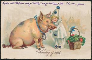 3 db háború előtti, újévi üdvözlőlap szerencsemalaccal, köztük két litho