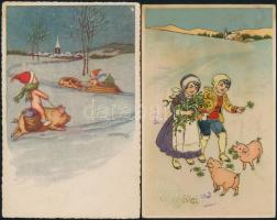 3 db háború előtti, újévi üdvözlőlap szerencsemalaccal, köztük két litho