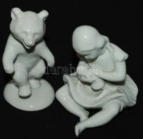 2 db kispesti porcelán: táncoló medve, kislány a játék babával, hibátlanok, jelzettek, m: 9 cm