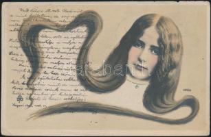 5 db háború előtti motívumlap hölgyekről és lányokról, köztük lithok