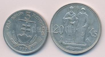 Szlovákia 1939. 5K + 1941. 20K Ag "Cirill és Metód" T:2-,2 Slovakia 1939. 5 Korun + 1941 20 Korun Ag "St. Kyrill and St. Methodius" C:VF,XF