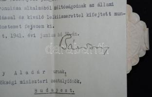 1941 Okirat Bárdossy László miniszterelnök sajét kezű aláírásával, Barsy Aladár miniszteri tanácsos ...