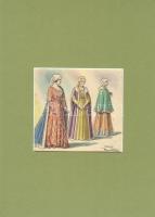 Nemes M, Cserszák jelzéssel: Lovagkori női úri divat, akvarell, papír, szép új paszpartuban, 30×21 cm