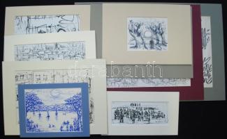 Mohácsi Regős Ferenc (1917-2000): Kilenc darab grafikája, egy kivételével mind tus vagy toll rajz, jelzettek, főleg illusztrációk lapok számára, az összes új paszpartuban
