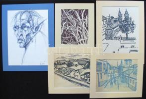 Öt darab grafika kettő jelzett, Lukács filc,papír, a másik Ganboc?, toll, papír a többi jelzés nélküli filc rajzok, mind új paszpartukban