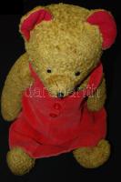 Régi Teddy maci, 60 cm hosszú, hosszú szőrű, szemei épek, szalmával tömve, apró javítások a fülén, kicsit piszkos, lábai, karjai jól mozognak, kislány ruhában, jó állapotban