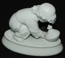 Búgócsigával játszó gyermeket ábrázoló jelzett Zsolnay porcelán figura hibátlan állapotban "Sinkó" jelzéssel/ Zsolnay chinaware figure in flawless condition 13x15cm