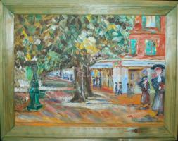 AA jelzéssel: Utcakép kúttal, olaj, farost, szép keretben, 30×40 cm
