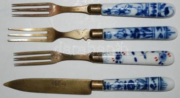 Három villa és egy kés, porcelán betétes, máz alatti kézi festéssel, fém rész jelzett a késen, h:15 cm