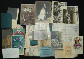 1910-1947 Vegyes papírrégiség tétel: okmányok, képeslapok, családi és szent képek, folyóiratok, klf jegyek