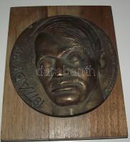 György Ferenc 1986. "1877 Ady 1919 - Ifjú szívekben élek s mindig tovább" nagyméretű bronz plakett fa talapzaton (d=147mm) T:2