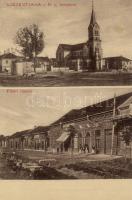 Újszentanna Main square, Shop of Henny Sándor, Catholic church