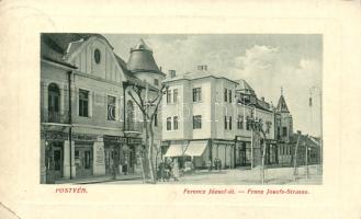Pöstyén Franz Joseph street, Shops (Mangold Zsigmond, Kaiser Ede,  Adler Márk, Urbán Miksa) (EK)