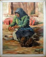 Bogár O jelzéssel: Libatömés az udvarban, olaj, vászon, 75×55 cm kerettel