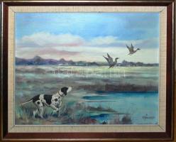 Par Akered (1924-): Vadászat a lápban, olaj, vászon, 45×52 cm kerettel. Ismert svéd festő több aukción is szerepelt.