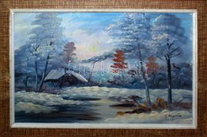 Stig Aspelin (1911-1990): Téli táj kunyhóval, olaj, olaj, farost, jelzett, 55×75 cm kerettel. Ismert svéd festő, aki több aukción is szerepelt hazájában.