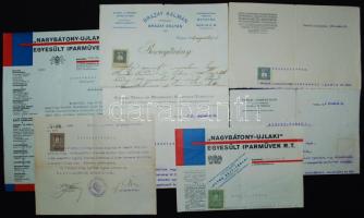 cca 1920 Vegyes számla és bizonyítvány tétel, benn érdekes fejlécek: mész és téglaégető... 7 db