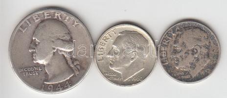 Amerikai Egyesült Államok 1944. 1/4$ Ag "Washington" 1952. 1d Ag + 1960. 1d Ag T:3,2- USA 1944. 1/4 Dollar Ag "Washington" + 1952. 1 Dime Ag + 1960. 1 Dime Ag C:F,VF