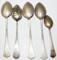 Nagy ezüst tétel : 2 db leveses kanál egyik horpadt, 7 db különböző mokkás, teás kanál köztük antik ...