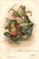Musician frogs, litho