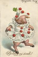 New Year pig like a clown, litho