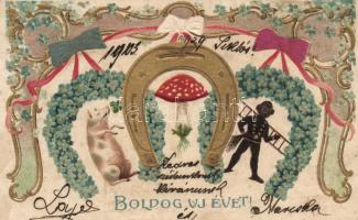 New Year pig, chimney sweeper, mushroom, horseshoe, litho, Emb.