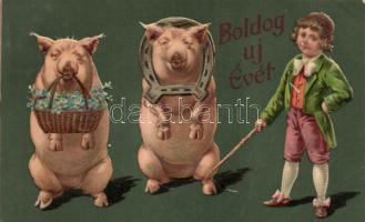 New Year pig, horseshoe, litho, Emb.
