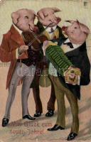 New Year musician pig, artist signed (fa)