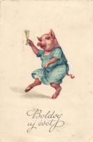 New Year, pig, litho (EK)