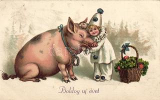 New Year, pig, clown, litho (EK)