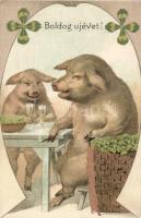 New Year, pig, clover, cigarette, champagne, litho (EK)